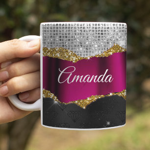 Chic falsches Silber Glitter Fuchsia schwarzes Mon Kaffeetasse