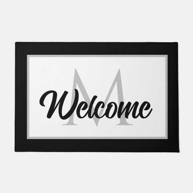 Chic Family Monogram Welcome Mat Schwarz-weiß Grau Fußmatte (Vorderseite)