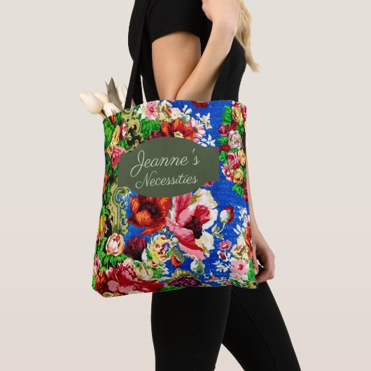 Chic farbenfrohe antike Blumenpracht Grün Name Tasche (Von Nahem)