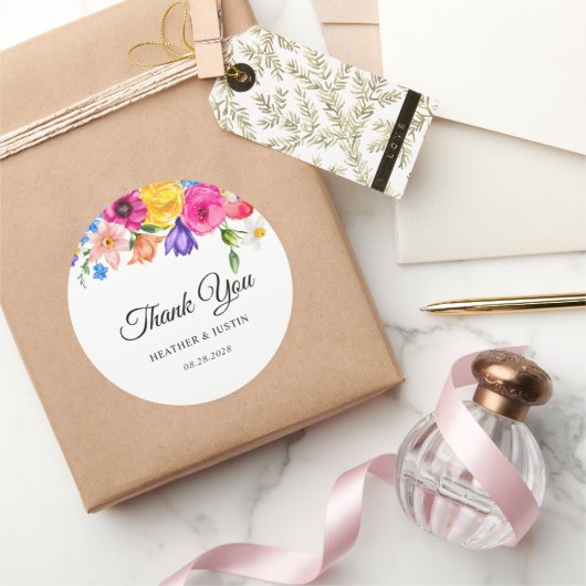 Chic farbenfrohe helle Wildblumen Hochzeit danke Runder Aufkleber (Schenken)