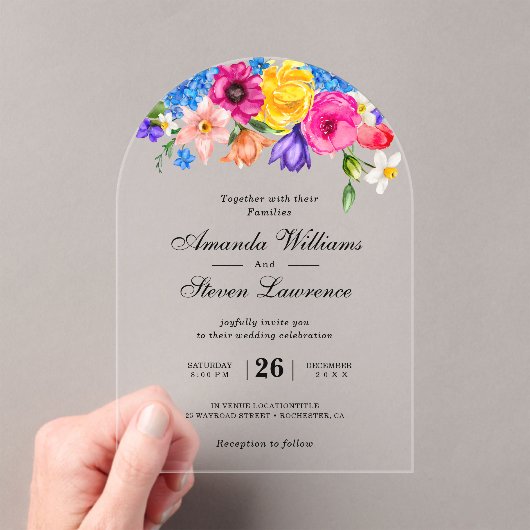 Chic farbenfrohe helle Wildblumen Hochzeitsbogen Acryleinladungen (Insitu (Handheld))