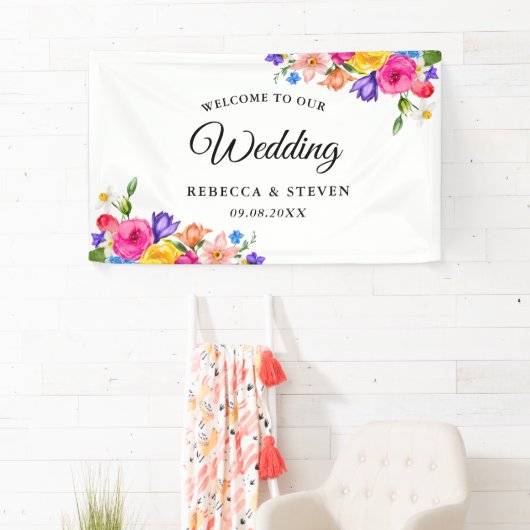 Chic farbenfrohe helle Wildblumen Hochzeitsempfang Banner (Insitu)