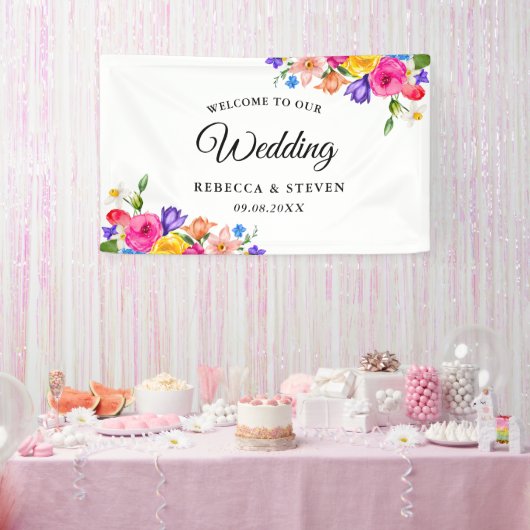 Chic farbenfrohe helle Wildblumen Hochzeitsempfang Banner (Party)