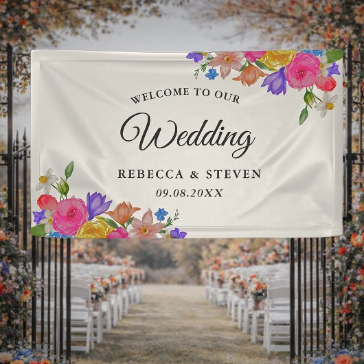 Chic farbenfrohe helle Wildblumen Hochzeitsempfang Banner