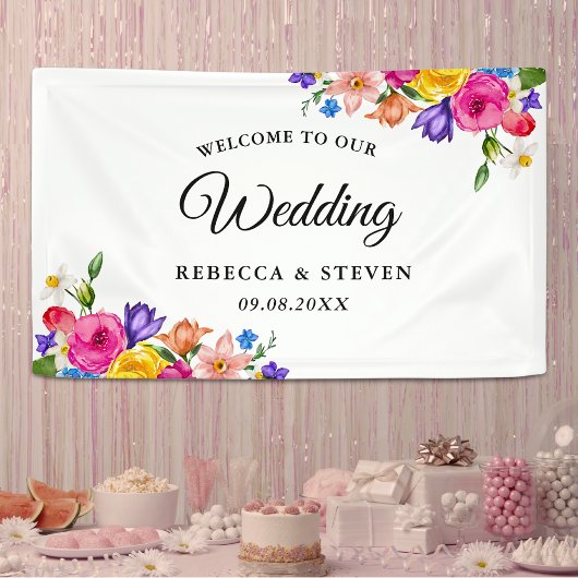 Chic farbenfrohe helle Wildblumen Hochzeitsempfang Banner