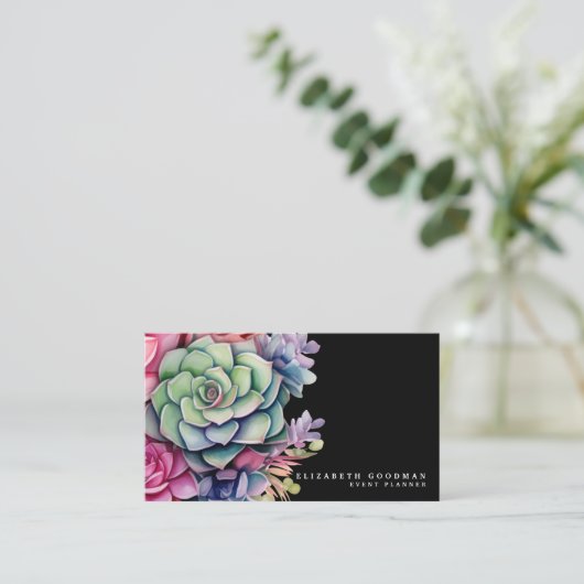 Chic farbenfrohe Succules Black Business Cards Visitenkarte (Stehend Vorderseite)