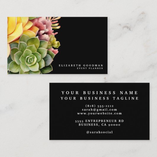 Chic farbenfrohe Succules Black Business Cards Visitenkarte (Vorne/Hinten)