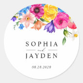 Chic farbenfrohe Wildblumen Hochzeit Monogramm Runder Aufkleber (Vorderseite)