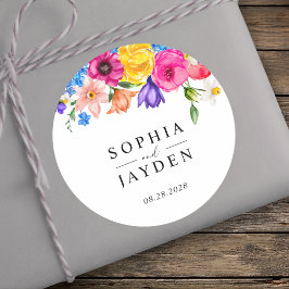 Chic farbenfrohe Wildblumen Hochzeit Monogramm Runder Aufkleber