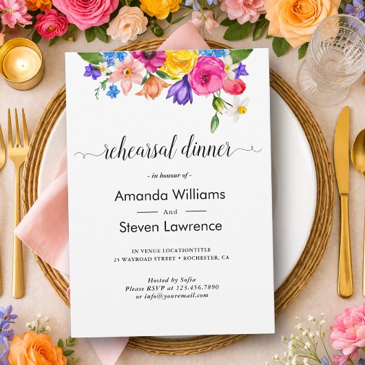 Chic farbenfrohe Wildblumen Hochzeit Probe Dinner Einladung