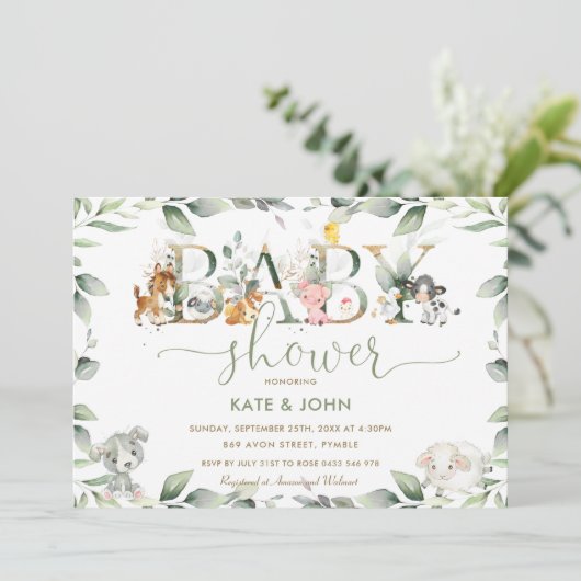Chic Farm Animals Greenerity Baby Dusche neutral Einladung (Stehend Vorderseite)