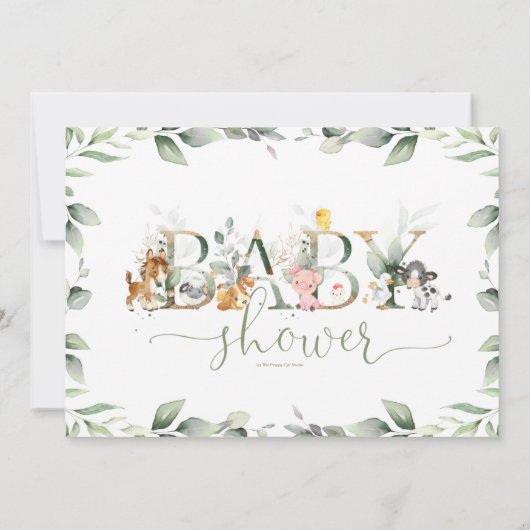 Chic Farm Animals Greenerity Baby Dusche neutral Einladung (Rückseite)