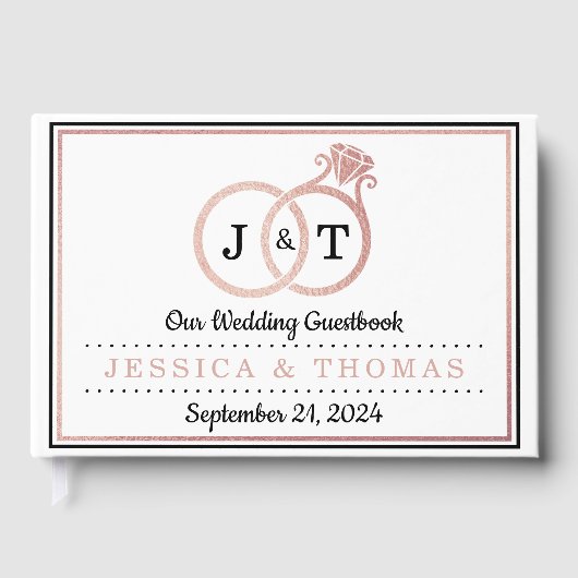 Chic Faux Rose Gold Foil Monogram Wedding Rings Gästebuch (Vorderseite)