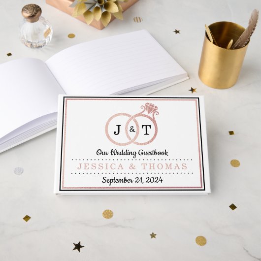 Chic Faux Rose Gold Foil Monogram Wedding Rings Gästebuch (Vorderseite Offen)
