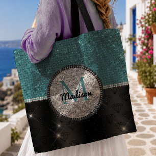 Chic faux Silber Glitter Türkis Schwarz Monogramm Tasche