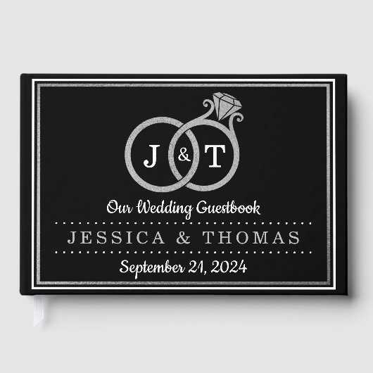 Chic Faux Silver Foil Monogram Wedding Rings Gästebuch (Vorderseite)