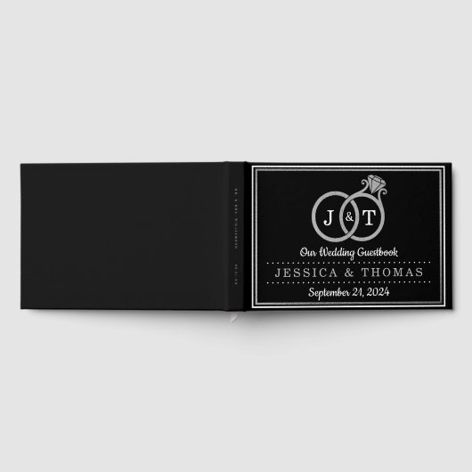 Chic Faux Silver Foil Monogram Wedding Rings Gästebuch (Voll)