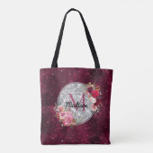Chic faux Silver Glitter Burgundy Floral monogram Tasche (Rückseite)