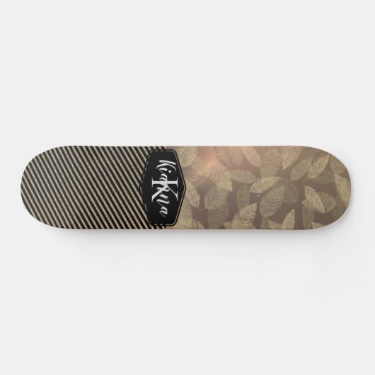 Chic Feathers with Gold Stripes Monogram Skateboard (Horizontal)
