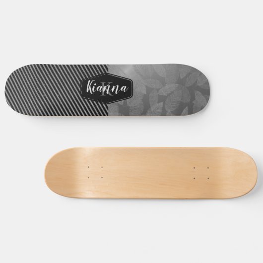 Chic Feathers with Silver Stripes Monogram Skate Skateboard (Horizontal)