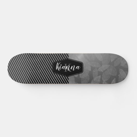 Chic Feathers with Silver Stripes Monogram Skate Skateboard (Horizontal)