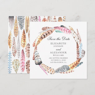 Chic Federn schworen. Boho Hochzeit speichern Sie Einladung