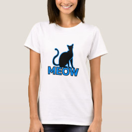 Chic Feline Charm - Blue "MEOW" Cat Silhouette T-Shirt
