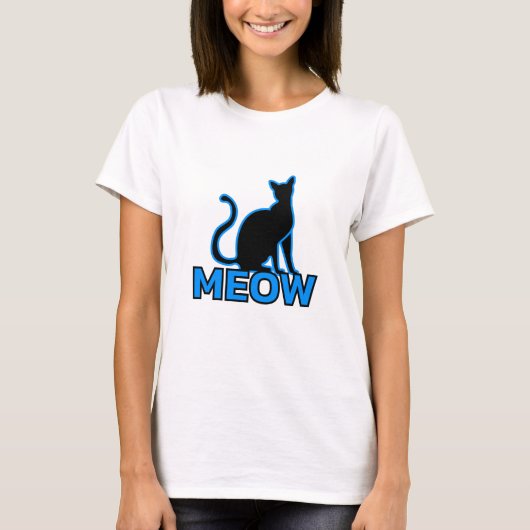 Chic Feline Charm - Blue "MEOW" Cat Silhouette T-Shirt (Vorderseite)