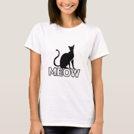 Chic Feline Charm - White "MEOW" Cat Silhouette T-Shirt