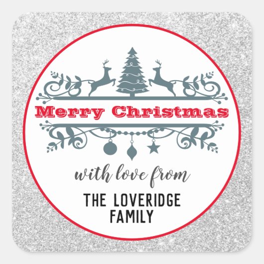 Chic & Festive Rot Frohe Weihnachten Silberner Gli Quadratischer Aufkleber (Vorderseite)