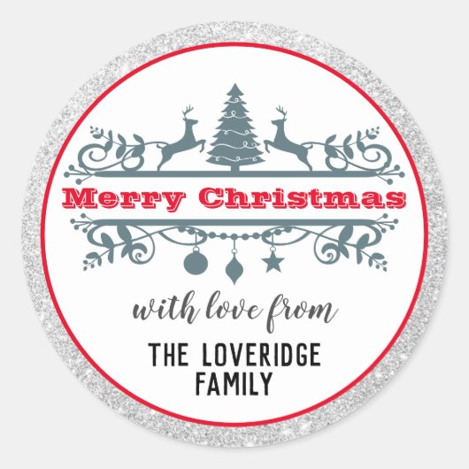 Chic & Festive Rot Frohe Weihnachten Silberner Gli Runder Aufkleber (Vorderseite)