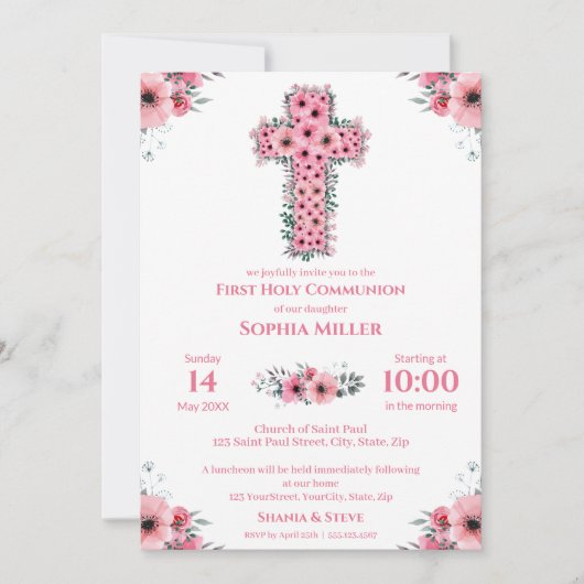Chic First Heilige Kommunion Girl Pink Blume Cross Einladung (Vorderseite)