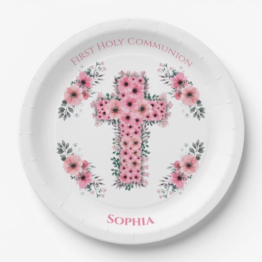 Chic First Heilige Kommunion Girl Pink Blume Pappteller (Vorderseite)