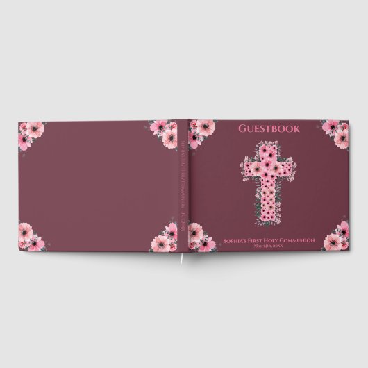 Chic First Heilige Kommunion Rosa Blume Cross Girl Gästebuch (Voll)