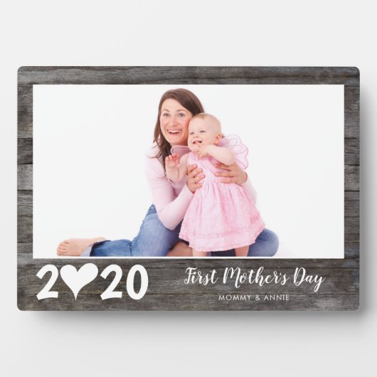 Chic First Mother's Day Heart Wood Keepake Foto Fotoplatte (Vorderseite)
