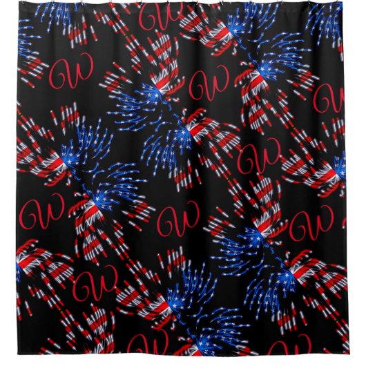 Chic Flag Fireworks Red Monogram Showvorhang Duschvorhang (Vorderseite)