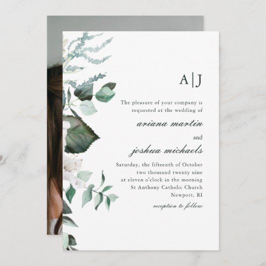 Chic Floral and Greenery Monogram Foto Wedding in Einladung (Vorne/Hinten)