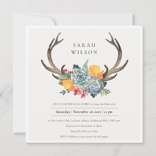 CHIC FLORAL ANTLER BRUCH & BUBBLY BRAUTPARTY EINLADUNG (Vorderseite)