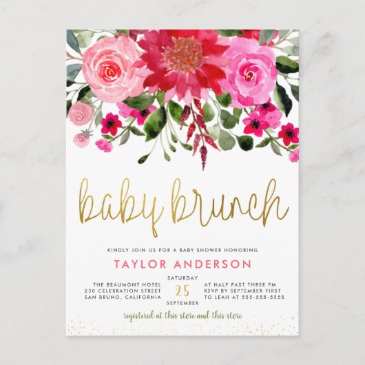 Chic Floral Baby Brunch Baby Girl Babydusche Einladungspostkarte (Vorderseite)