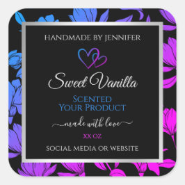 Chic Floral Black Blue Pink farbige Produktetikett Quadratischer Aufkleber