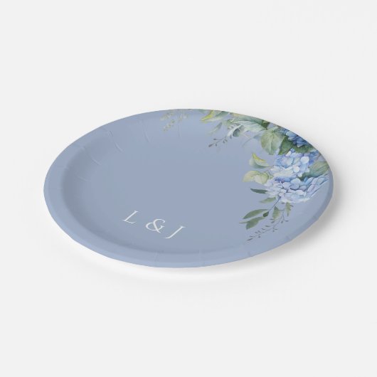 Chic Floral Blue Hydrangea Event Hochzeit Pappteller (Schrägansicht)