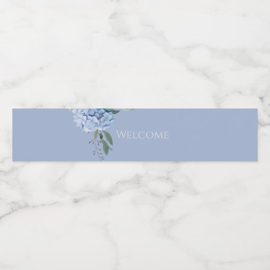 Chic Floral Blue Hydrangea Event Hochzeit Wasserflaschenetikett (Einzelnes Label)