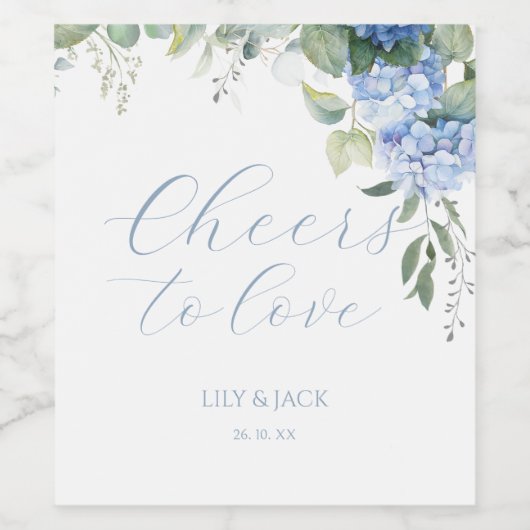 Chic Floral Blue Hydrangea Event Hochzeit Weinetikett (Einzelnes Label)