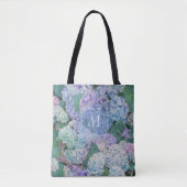 Chic Floral Blue Lila Hydrangea Monogramm Tasche (Vorderseite)