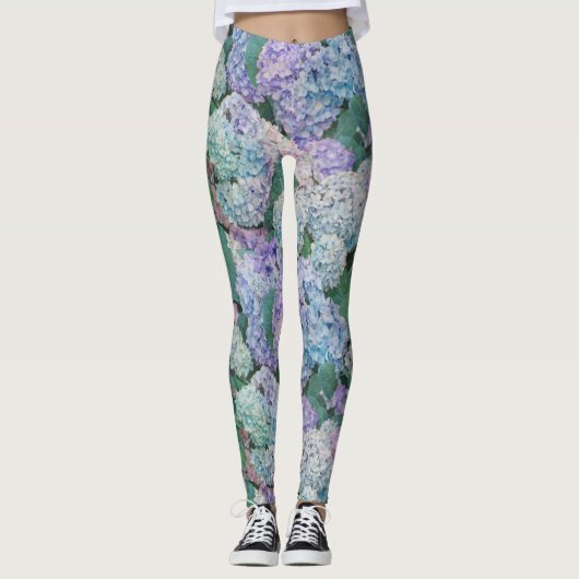 Chic Floral Blue Lila Hydrangea Muster Leggings (Vorderseite)