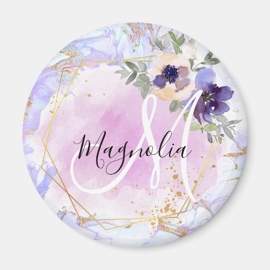 Chic Floral Blue Pink Gold Rainbow Marmor Monogram Magnet (Vorne)