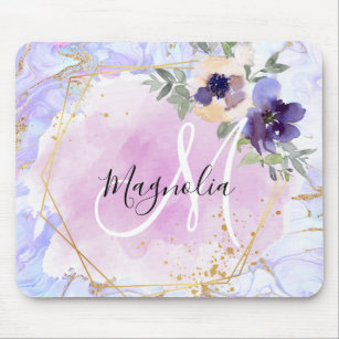 Chic Floral Blue Pink Gold Rainbow Marmor Monogram Mousepad