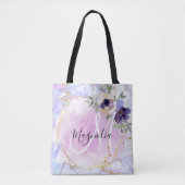 Chic Floral Blue Pink Gold Rainbow Marmor Monogram Tasche (Vorderseite)