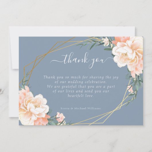 Chic Floral Blush Peach Gold Dusty Blue Wedding Dankeskarte (Vorderseite)