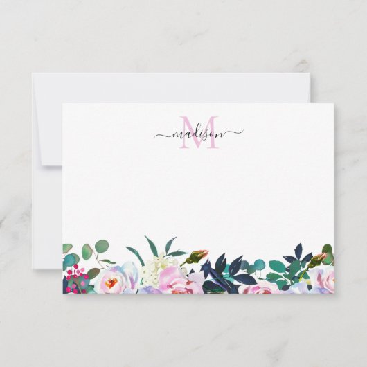 Chic Floral Blush Pink Botanic Monogram Mitteilungskarte (Vorderseite)